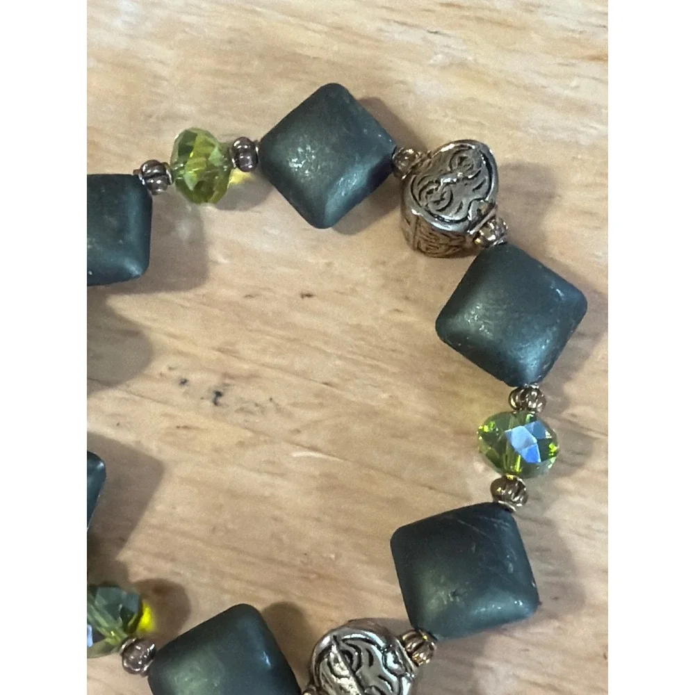 Boho Matte Teal Square Bead & Lime Green Glass Stretch Bracelet Silver Tone